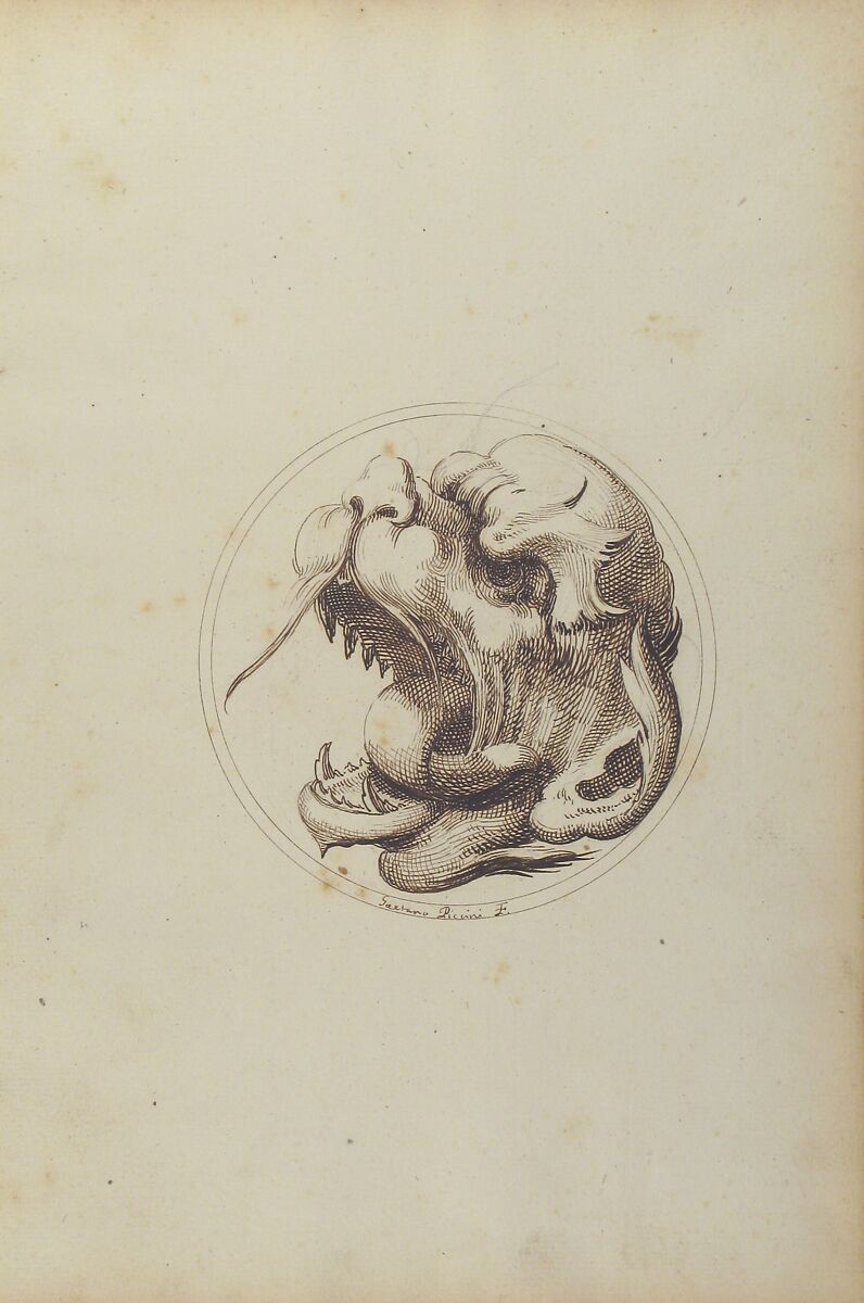 Large Grotesque Head With an Open Mouth Looking to the Left Within a Frame, Gaetano Piccini (Italian, active Rome, 1710–30), Pen and brown ink