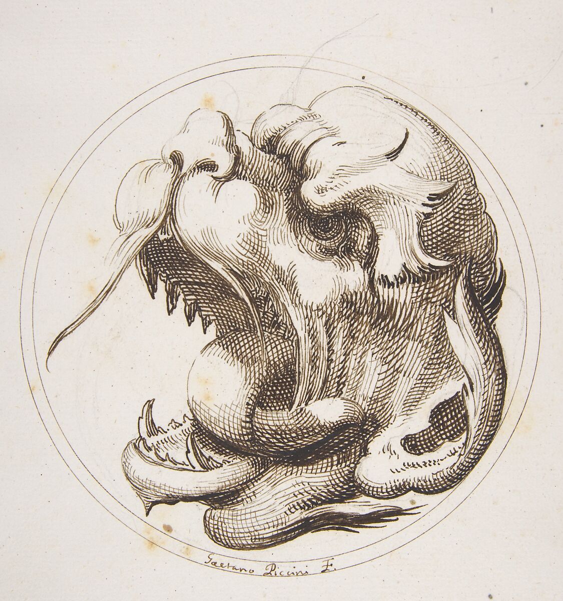 Large Grotesque Head With an Open Mouth Looking to the Left Within a Frame, Gaetano Piccini (Italian, active Rome, 1710–30), Pen and brown ink 