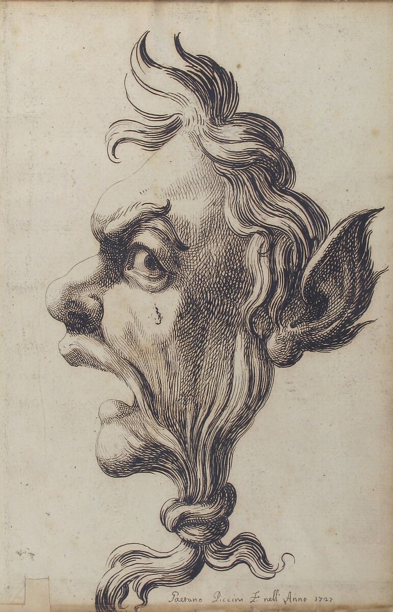 Large Grotesque Head Being Strangled by its Own Hair, Gaetano Piccini (Italian, active Rome, 1710–30), Pen and brown ink