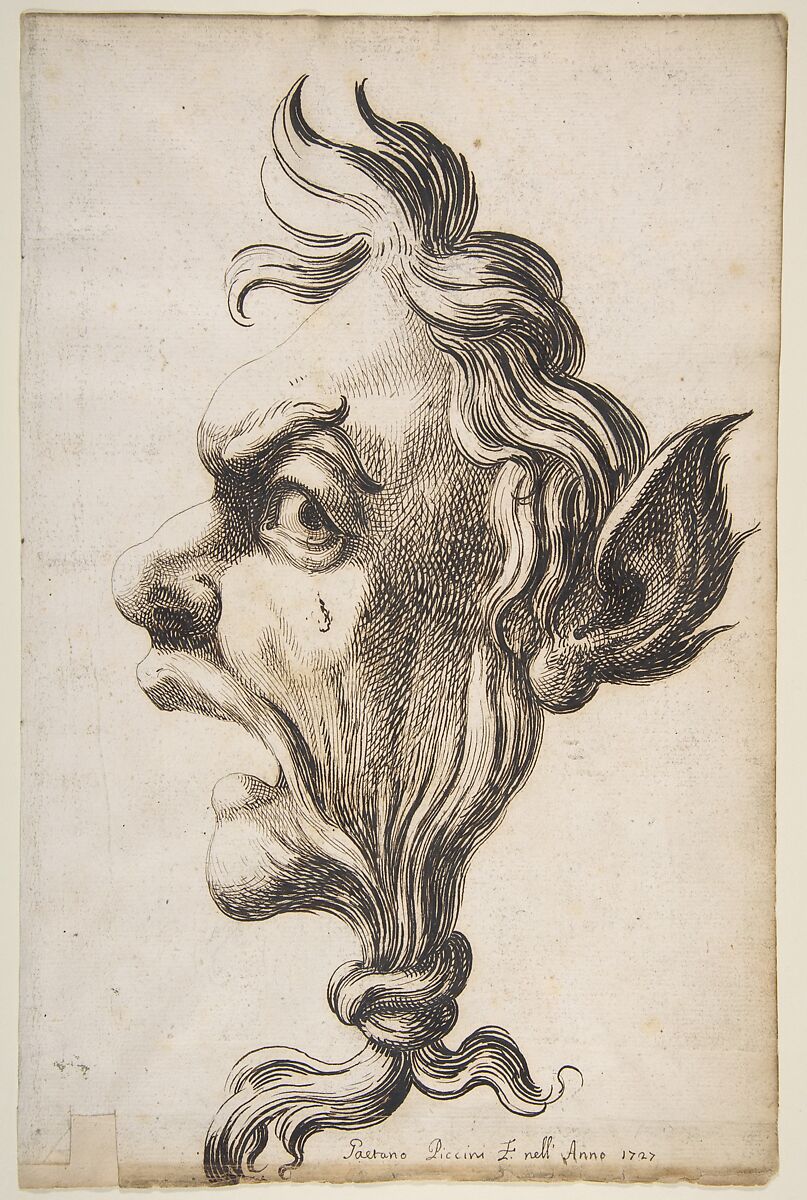Large Grotesque Head Being Strangled by its Own Hair, Gaetano Piccini (Italian, active Rome, 1710–30), Pen and brown ink 