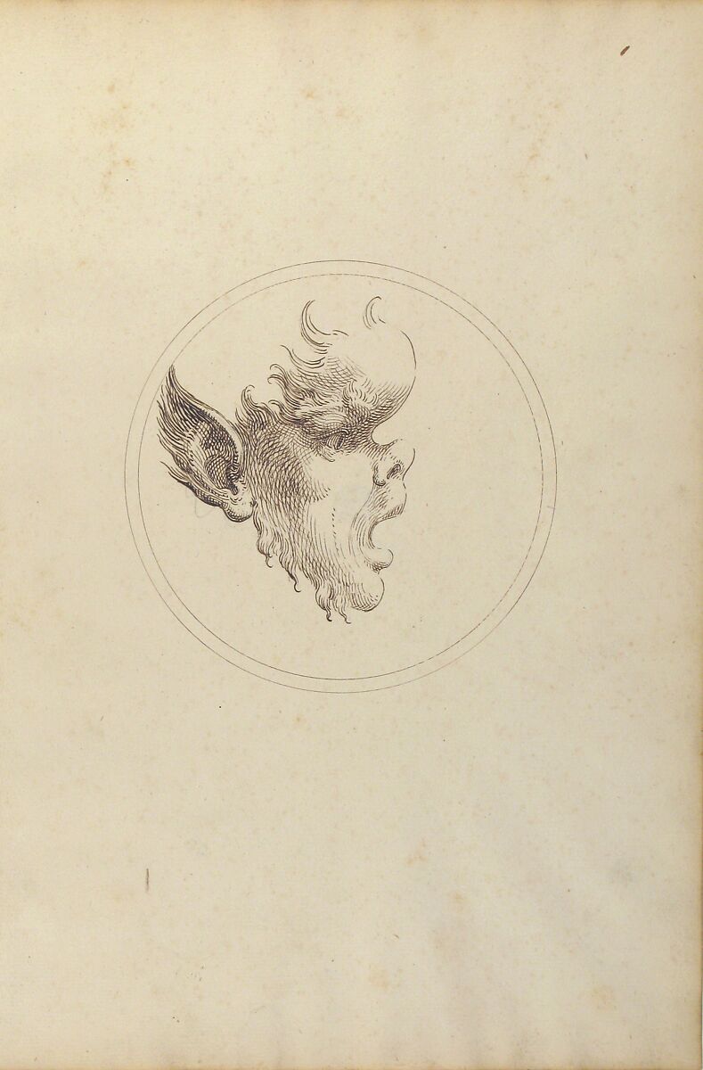 Grotesque Head With a Bulging Forehead Looking to the Right Within a Circle, Gaetano Piccini (Italian, active Rome, 1710–30), Pen and brown ink
