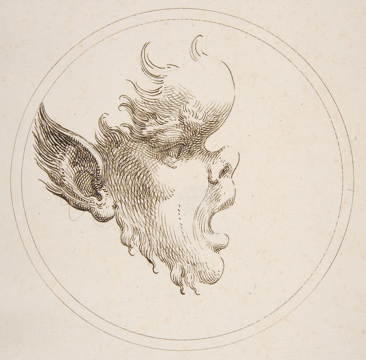 Grotesque Head With a Bulging Forehead Looking to the Right Within a Circle, Gaetano Piccini (Italian, active Rome, 1710–30), Pen and brown ink 