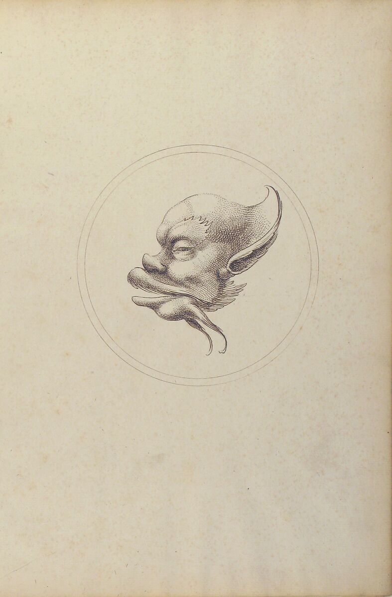 Grotesque Head With a Large Eyebrow Looking to the Left Within a Circle, Gaetano Piccini (Italian, active Rome, 1710–30), Pen and brown ink