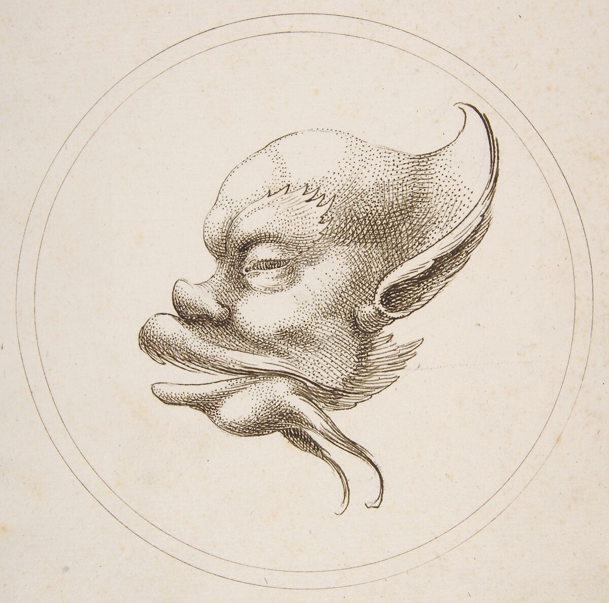 Grotesque Head With a Large Eyebrow Looking to the Left Within a Circle, Gaetano Piccini (Italian, active Rome, 1710–30), Pen and brown ink 