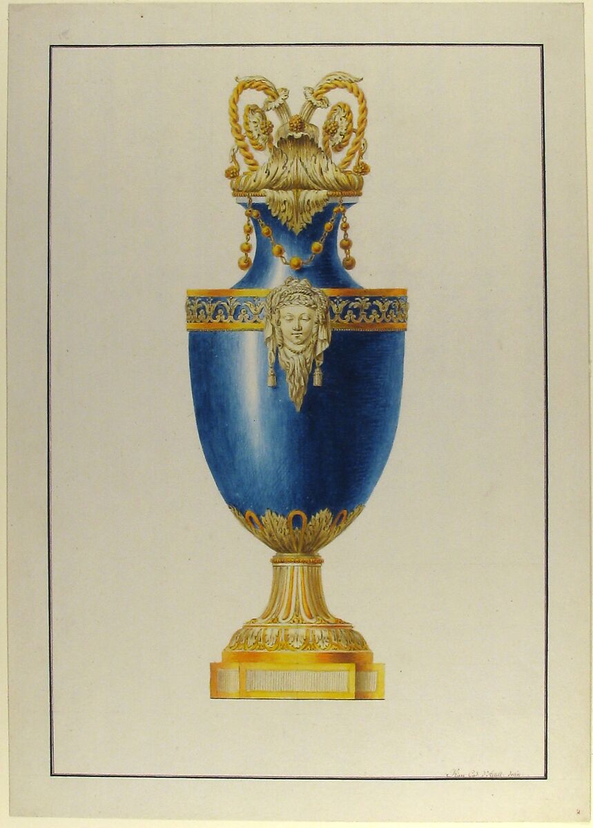 Design for an Urn, George Heinrich von Kirn (German, 1736–1793), Black chalk, brush and watercolor; framing lines in pen and black ink. 