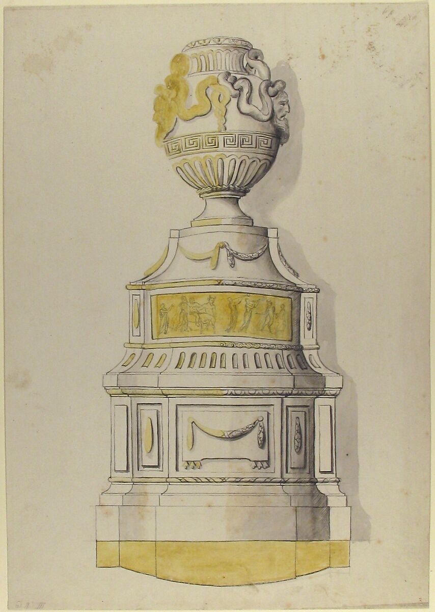 Design for an Urn, Anonymous, French, 18th century, Graphite, pen and gray ink, brush and gray and yellow wash