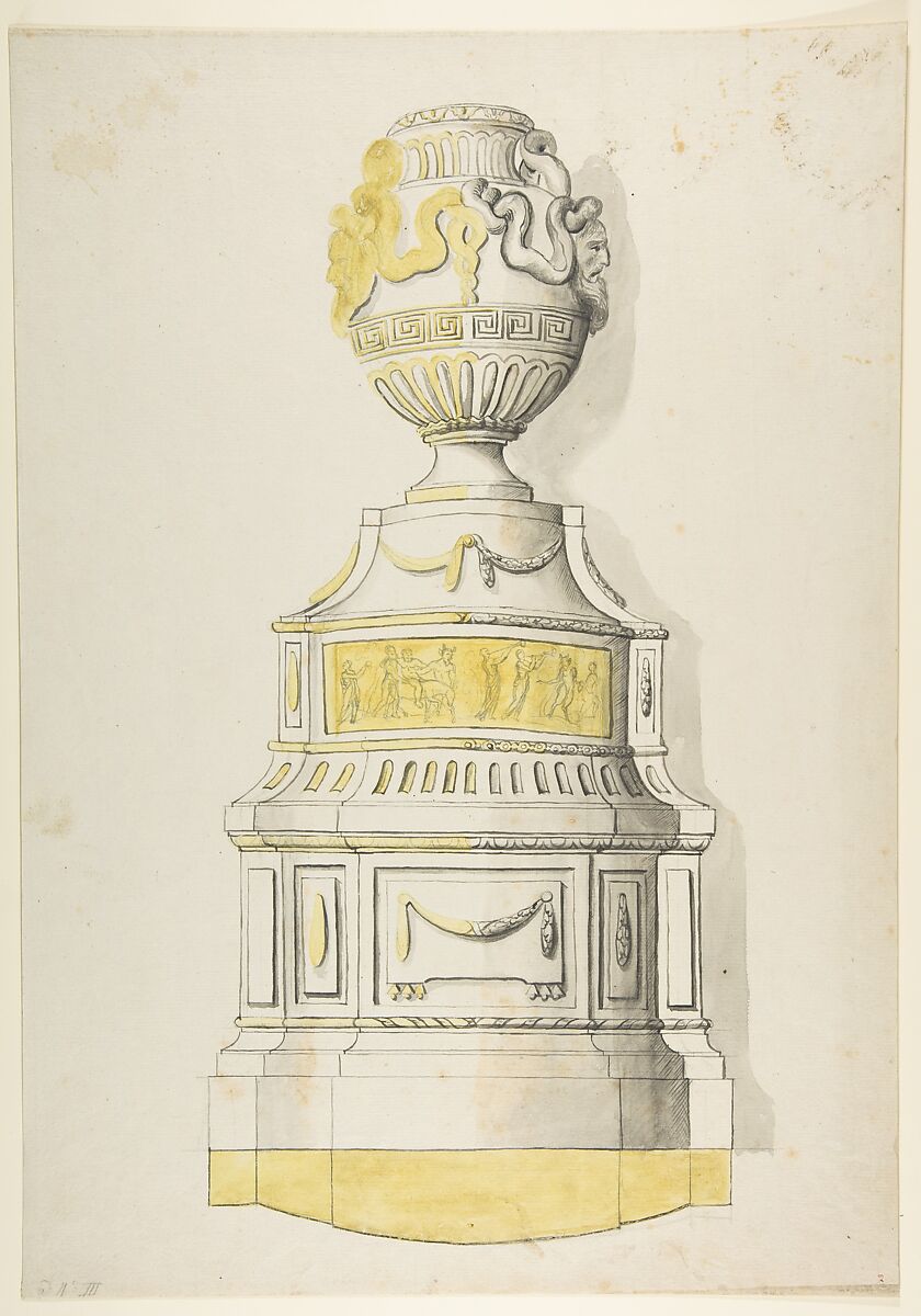 Design for an Urn, Anonymous, French, 18th century, Graphite, pen and gray ink, brush and gray and yellow wash 
