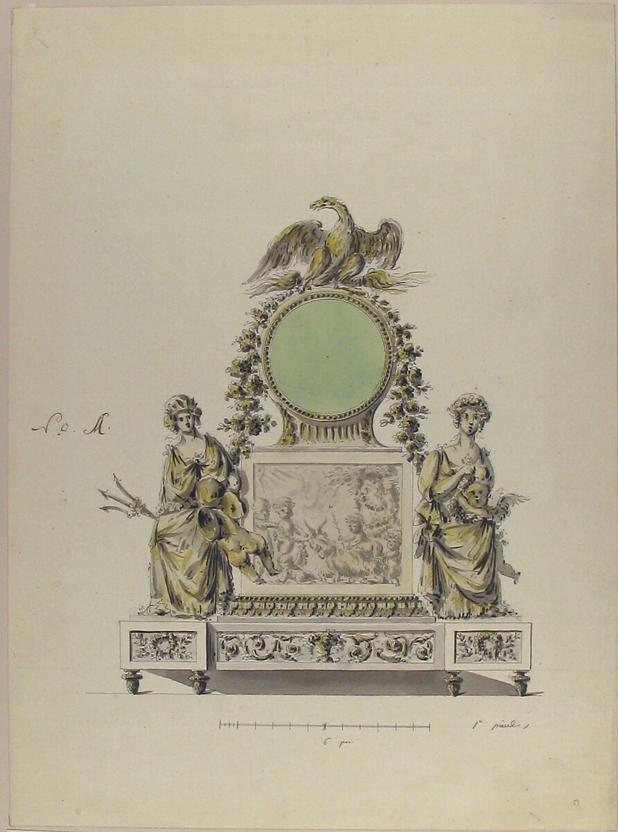 Design for a Clock, Anonymous, French, 18th century, Pen and black and brown ink, brush and green, yellow, and gray wash