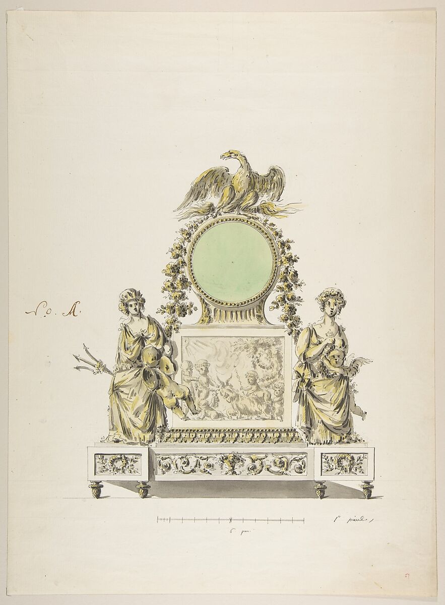 Design for a Clock, Anonymous, French, 18th century, Pen and black and brown ink, brush and green, yellow, and gray wash 