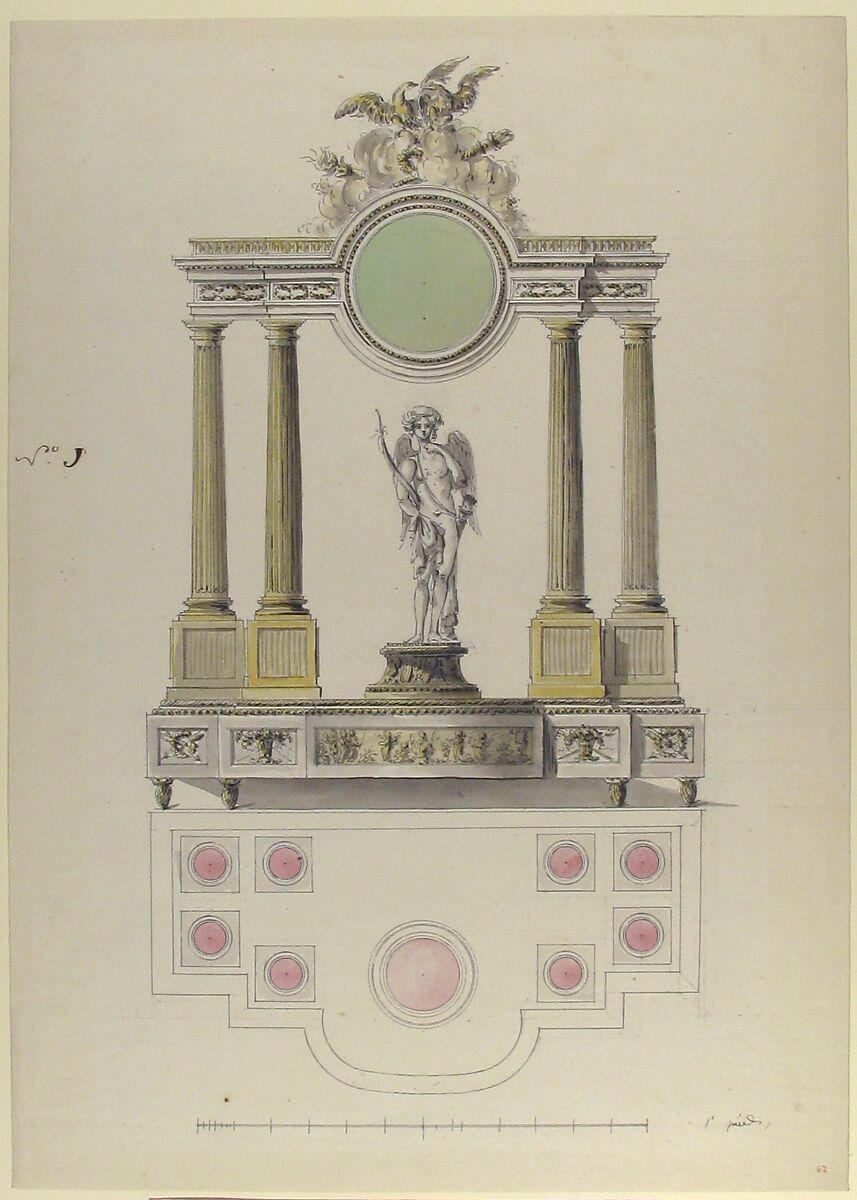 Design for a Clock, Anonymous, French, 18th century, Pen and black ink, brush and yellow, green, gray, and rose wash