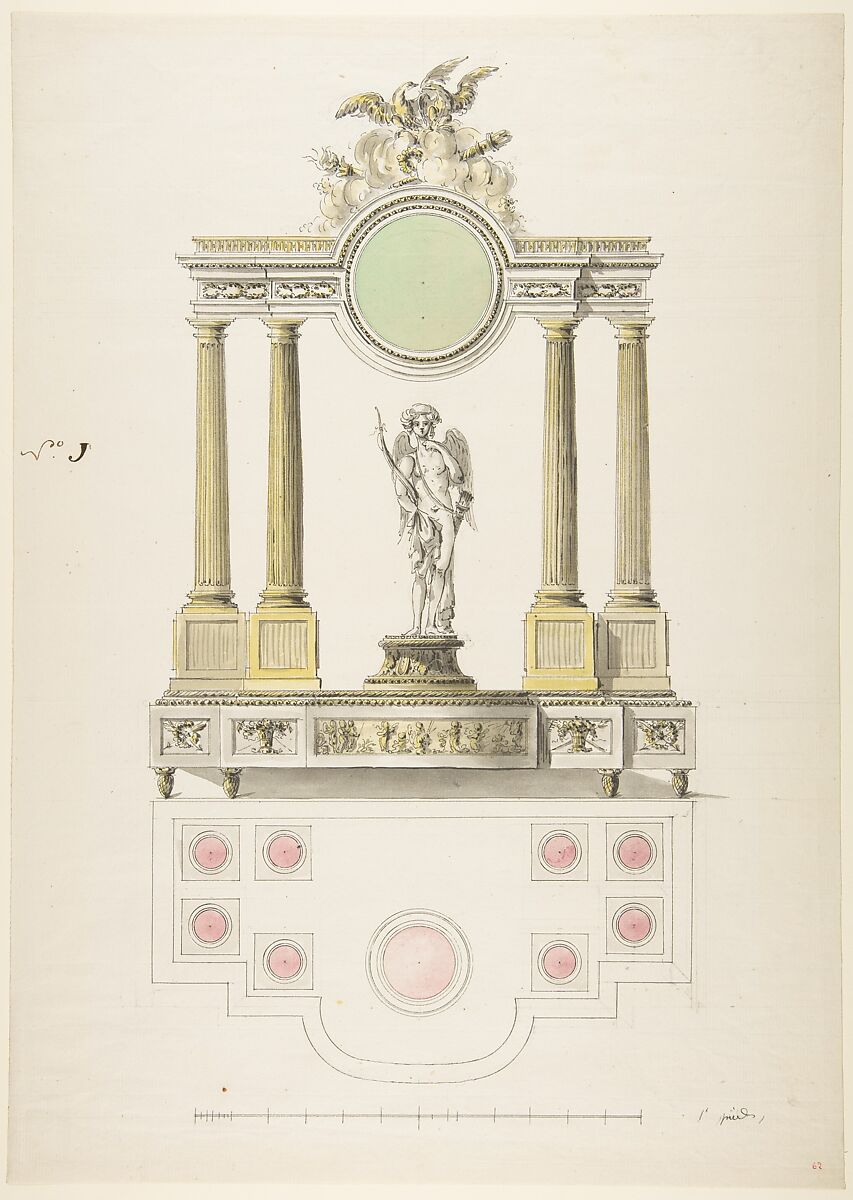 Design for a Clock, Anonymous, French, 18th century, Pen and black ink, brush and yellow, green, gray, and rose wash 