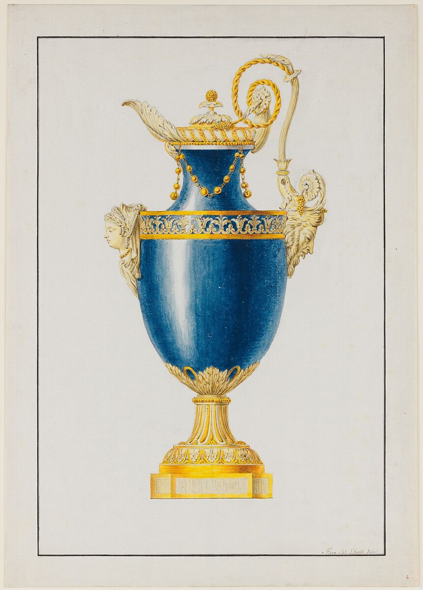 Design for a Gilt Bronze Ewer, George Heinrich von Kirn (German, 1736–1793), Pen and black and brown ink, graphite, watercolor. Framing lines in pen and black ink.