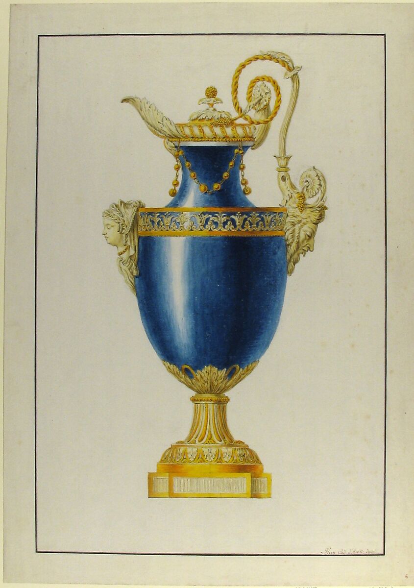 Design for a Gilt Bronze Ewer, George Heinrich von Kirn (German, 1736–1793), Pen and black and brown ink, graphite, watercolor. Framing lines in pen and black ink.