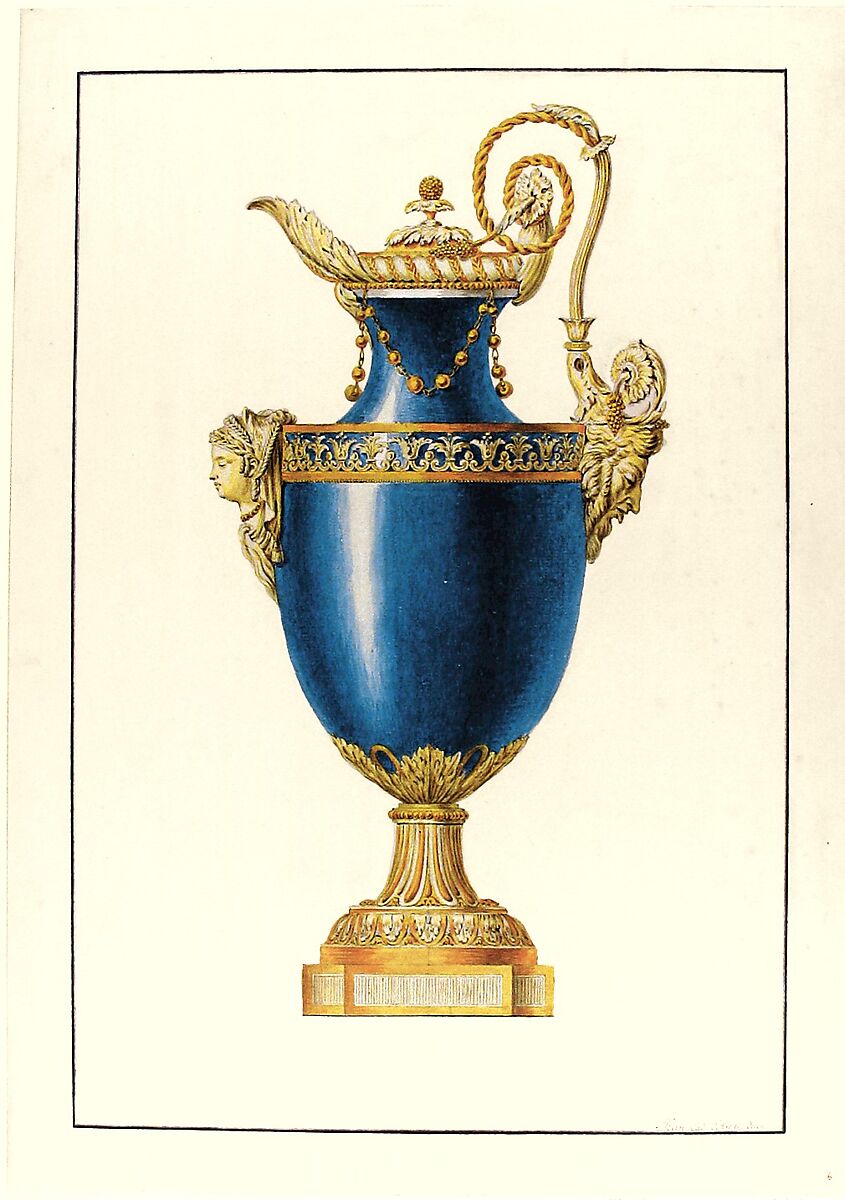 Design for a Gilt Bronze Ewer, George Heinrich von Kirn (German, 1736–1793), Pen and black and brown ink, graphite, watercolor. Framing lines in pen and black ink.