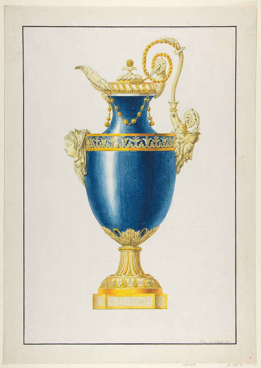 Design for a Gilt Bronze Ewer, George Heinrich von Kirn (German, 1736–1793), Pen and black and brown ink, graphite, watercolor. Framing lines in pen and black ink. 