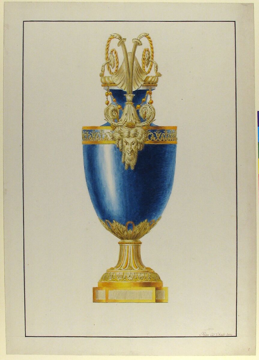 Design for a Gilt Bronze Urn, George Heinrich von Kirn (German, 1736–1793), Pen and black and brown ink, watercolor, over graphite underdrawing. Framing lines in pen and black ink. 