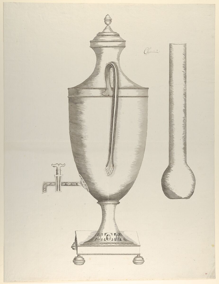 Design for a Coffee Urn, Anonymous, French, 18th century, Pen and gray ink, brush and gray wash, over graphite underdrawing, with 2 pieces of paper joined together 