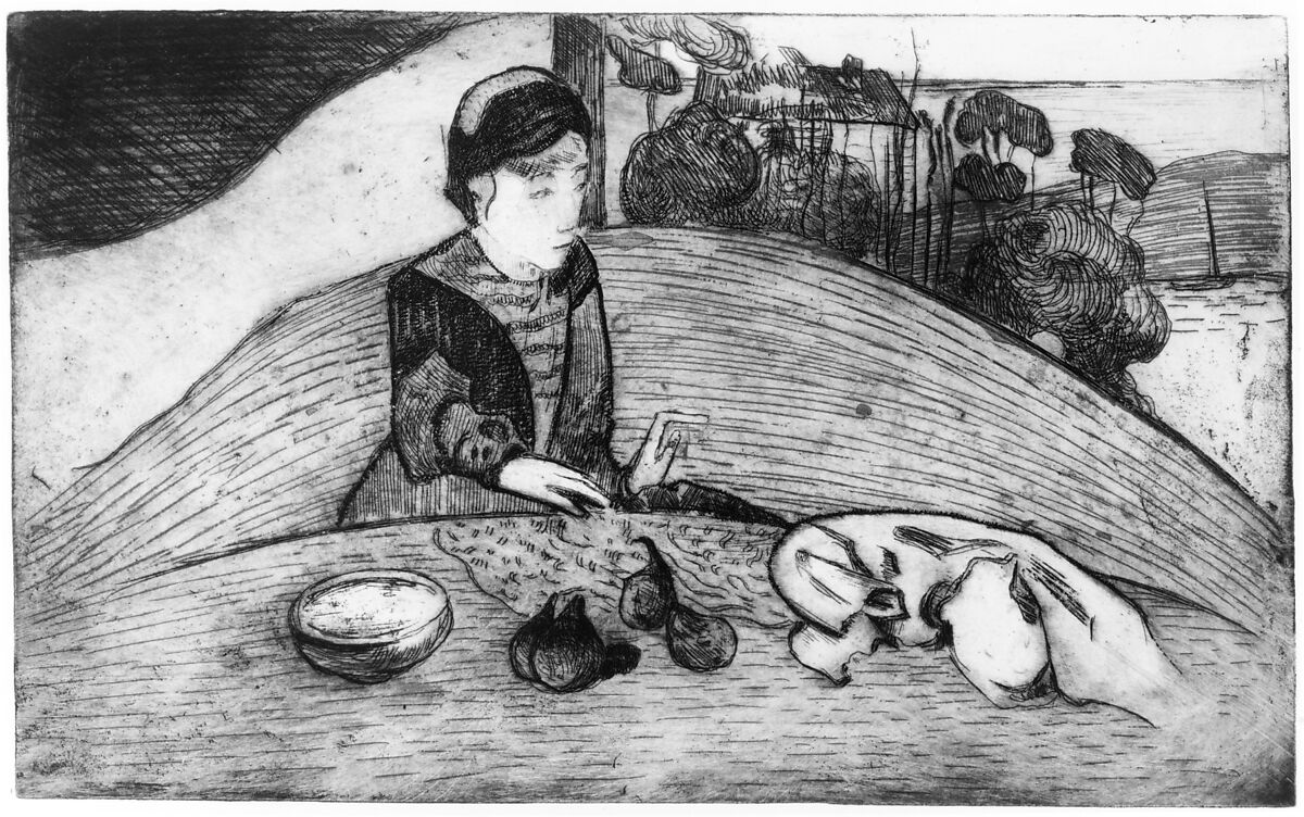 Woman with Figs, Paul Gauguin (French, Paris 1848–1903 Atuona, Hiva Oa, Marquesas Islands), Etching, lavis, and soft-ground etching on zinc, printed in green ink 