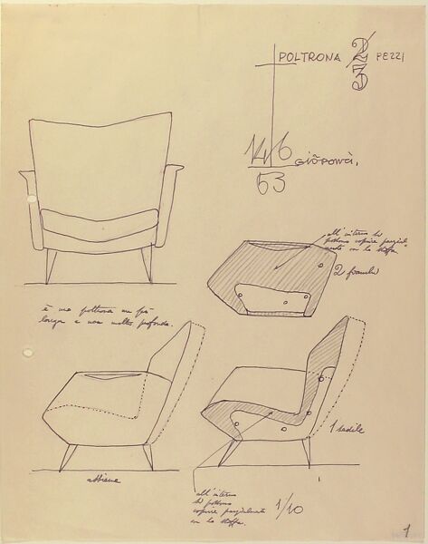Poltron in Tre Pezzi (Arm-chair in Three Pieces), Gio Ponti (Italian, Milan 1891–1979 Milan), Graphite and black ink  on "onion-skin" wove