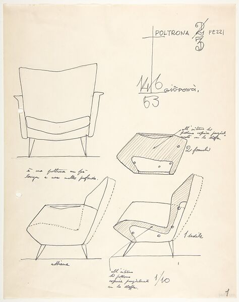 Poltron in Tre Pezzi (Arm-chair in Three Pieces), Gio Ponti (Italian, Milan 1891–1979 Milan), Graphite and black ink  on "Inion-skin" wove 