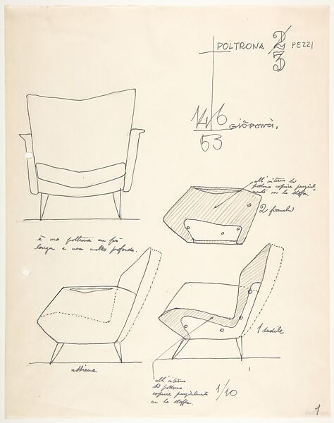 Poltron in Tre Pezzi (Arm-chair in Three Pieces), Gio Ponti (Italian, Milan 1891–1979 Milan), Graphite and black ink  on "onion-skin" wove 