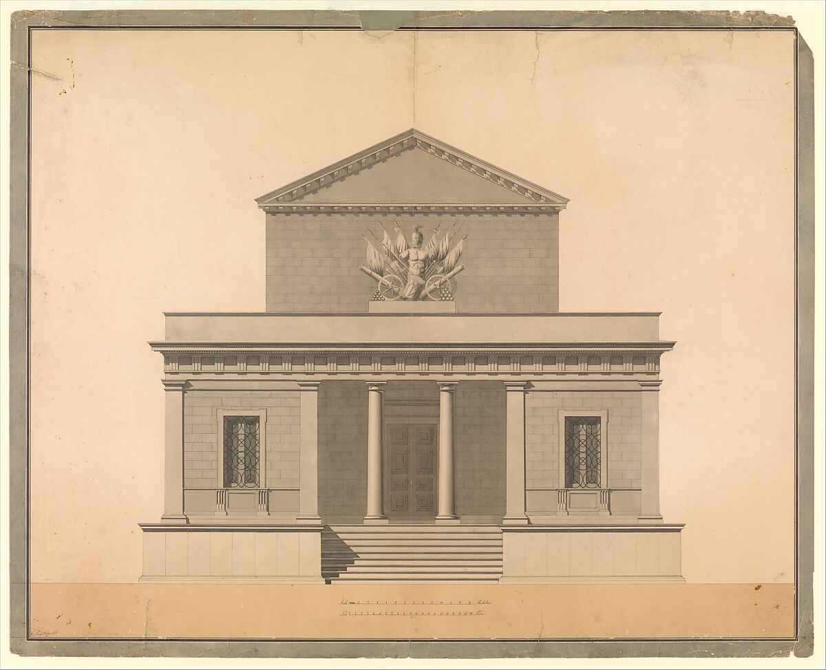 Design for the Façade of an Arsenal, C. Pompetti (Italian), Pen and black ink, brush with gray and pale brown wash, over traces of graphite ruled construction 