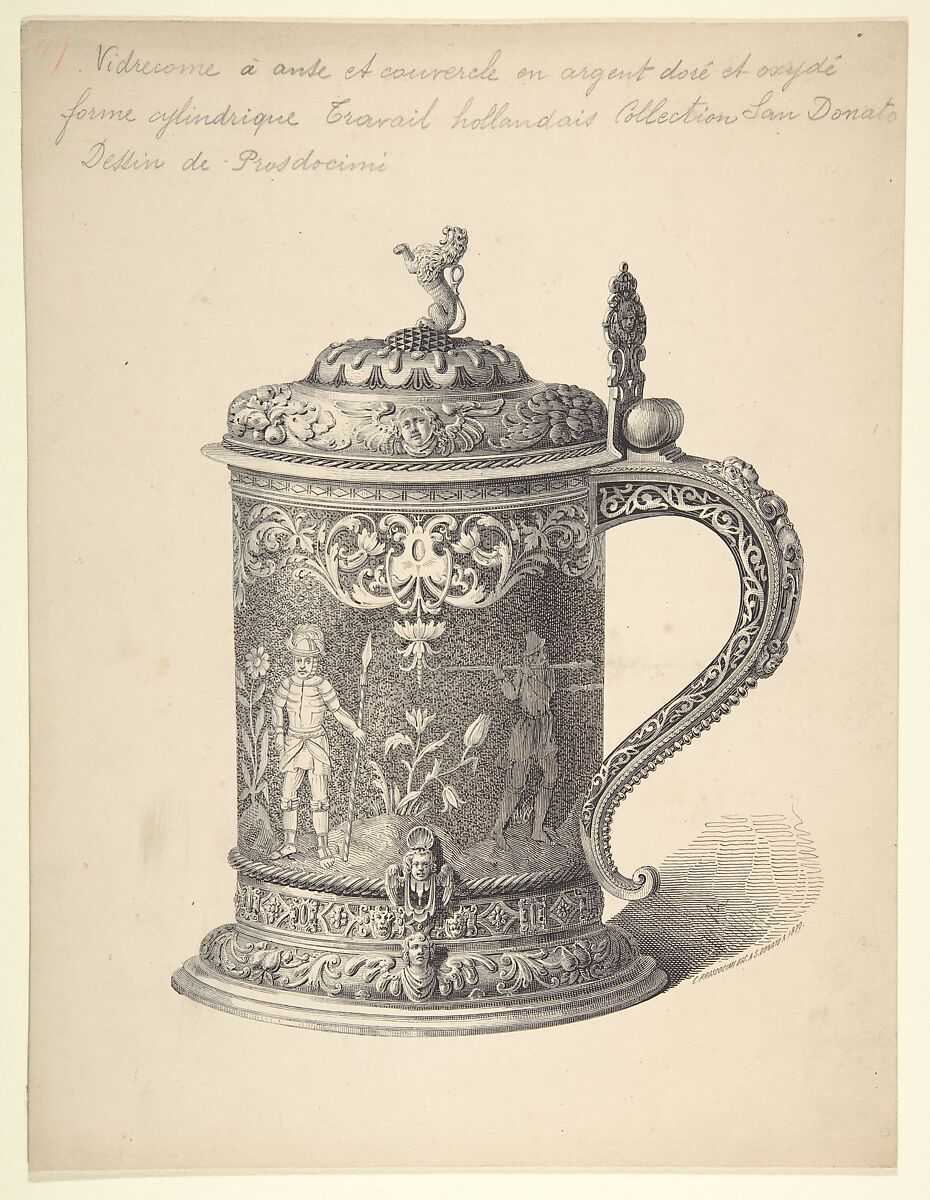 Preparatory Drawing for an Illustration of a Seventeenth-Century Dutch Tankard from the Demidov Collection, C. Prosdocimi (Italian), Pen and ink 