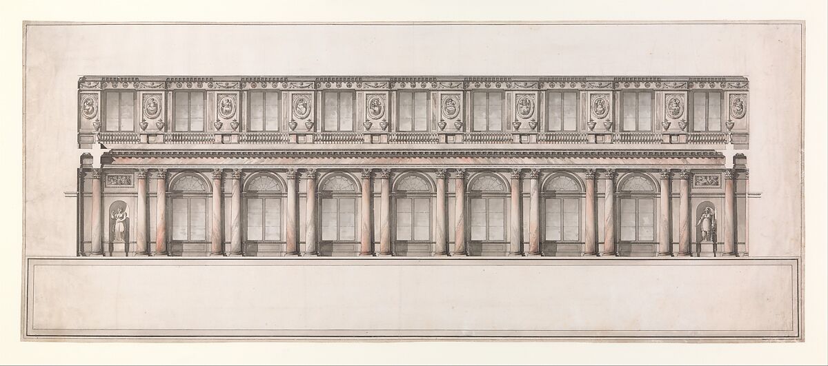 Longitudinal Section of Great Throne Room (Saint George's Hall), Winter Palace, Saint Petersburg, Attributed to Giacomo Quarenghi (Italian, Rota d&#39;Imagna near Bergamo 1744–1817 Saint Petersburg), Pen and gray ink, brush with gray and red wash 