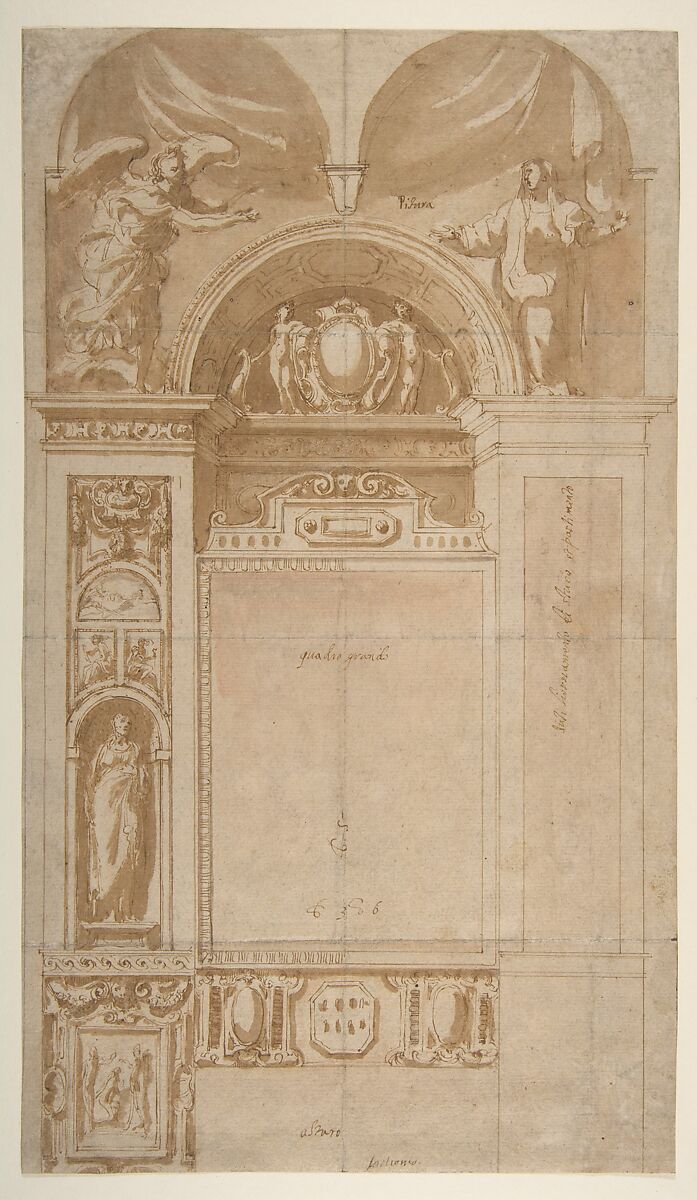 Design for a Reredos or Frame and Setting for an Altar Painting, Pomarancio (Cristoforo Roncalli) (Italian, Pomarance ca. 1553–1626 Rome), Pen and brown ink, brush and brown wash 