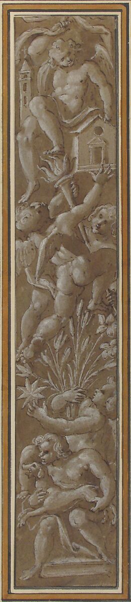 Two Pilaster with White Putti on Tan Ground, Giovanni Mauro della Rovere (Italian, Milan ca. 1575–ca. 1640 Milan (?)), Pen and brown ink, brush and brown wash, highlighted with white, over black chalk