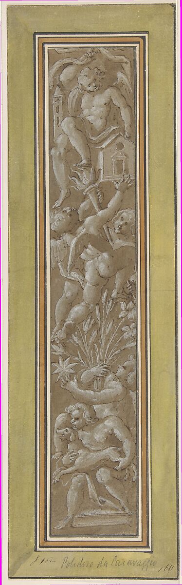 Two Pilaster with White Putti on Tan Ground, Giovanni Mauro della Rovere (Italian, Milan ca. 1575–ca. 1640 Milan (?)), Pen and brown ink, brush and brown wash, highlighted with white, over traces of black chalk, on beige paper 