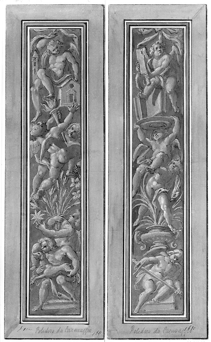 Two Pilaster with White Putti on Tan Ground, Giovanni Mauro della Rovere (Italian, Milan ca. 1575–ca. 1640 Milan (?)), Pen and brown ink, brush and brown wash, highlighted with white, over black chalk