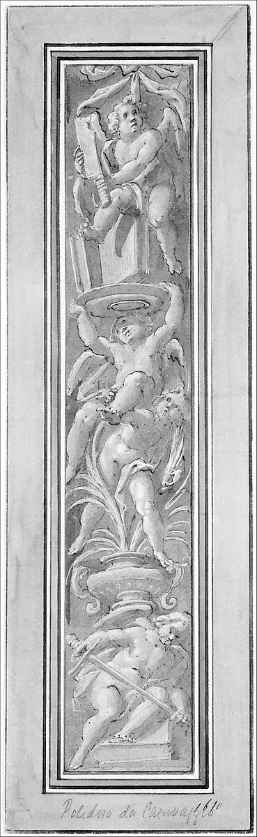 Two Pilaster with White Putti on Tan Ground, Giovanni Mauro della Rovere (Italian, Milan ca. 1575–ca. 1640 Milan (?)), Pen and brown ink, brush and brown wash, highlighted with white, over black chalk