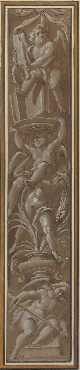 Two Pilaster with White Putti on Tan Ground, Giovanni Mauro della Rovere (Italian, Milan ca. 1575–ca. 1640 Milan (?)), Pen and brown ink, brush and brown wash, highlighted with white, over black chalk