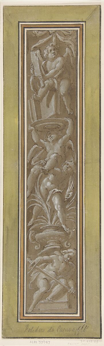 Two Pilaster with White Putti on Tan Ground, Giovanni Mauro della Rovere (Italian, Milan ca. 1575–ca. 1640 Milan (?)), Pen and brown ink, brush and brown wash, highlighted with white, over traces of black chalk, on beige paper 