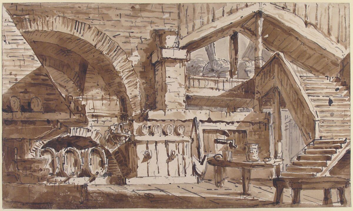Design for a Stage Set Showing Interior of Rustic Kitchen ("Cucina Rustica"), Lorenzo Sacchetti (Italian, 1759–1829)