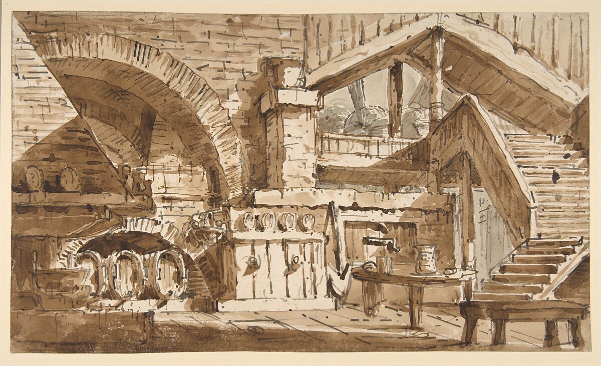 Design for a Stage Set Showing Interior of Rustic Kitchen ("Cucina Rustica"), Lorenzo Sacchetti (Italian, 1759–1829) 