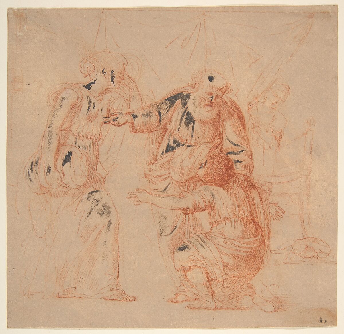 Abraham Dismissing Hagar, Andrea Sacchi (Italian, Rome (?) ca. 1599–1661 Rome), Red chalk; highlighted with white lead which has turned black 