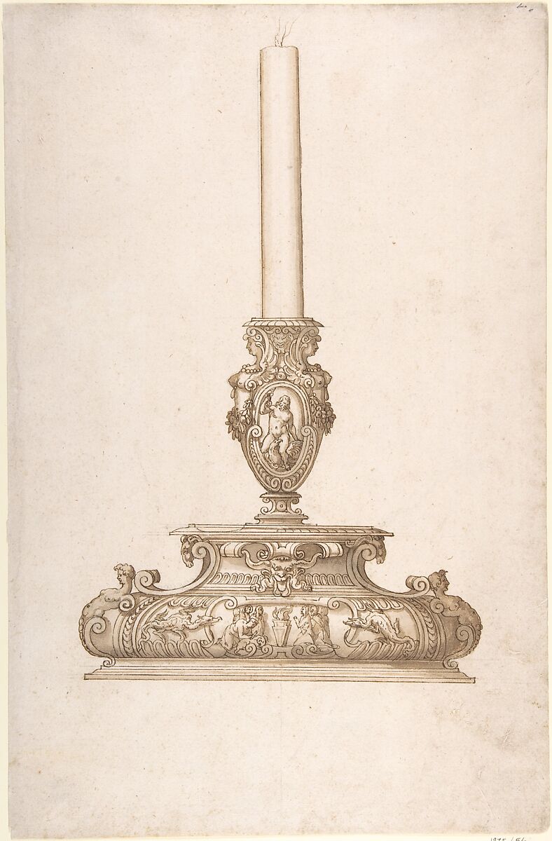Design for a Candlestick, Attributed to workshop of Ottavio Strada (Italian (naturalized), Nuremberg (?) 1550–1606 Prague), Pen and brown ink, brush and brown wash, over black chalk 