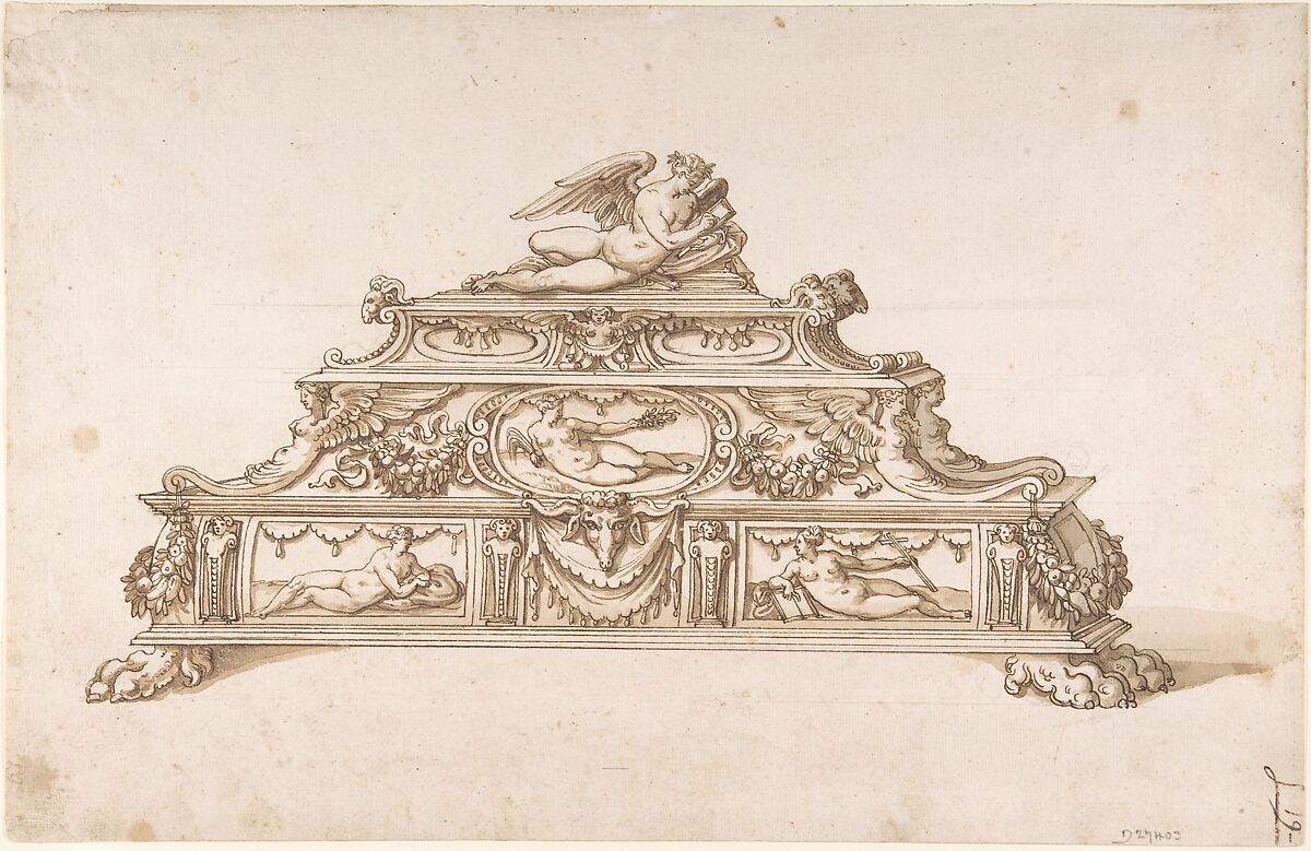 Design for an Inkstand, Attributed to workshop of Ottavio Strada (Italian (naturalized), Nuremberg (?) 1550–1606 Prague), Pen and brown ink, brush and brown wash, over black chalk 