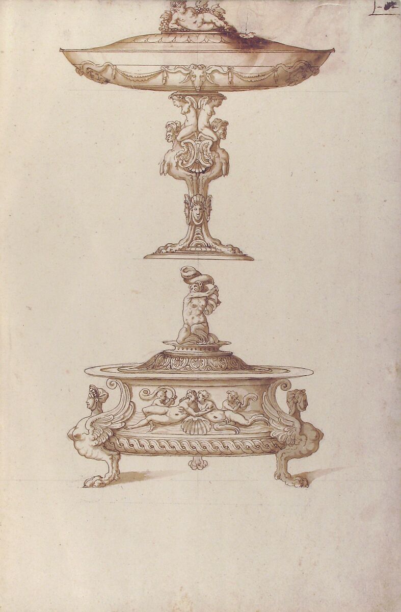 Design for a Salt Cellar and Tazza, Attributed to workshop of Ottavio Strada (Italian (naturalized), Nuremberg (?) 1550–1606 Prague), Pen and brown ink, brush and brown wash, over black chalk