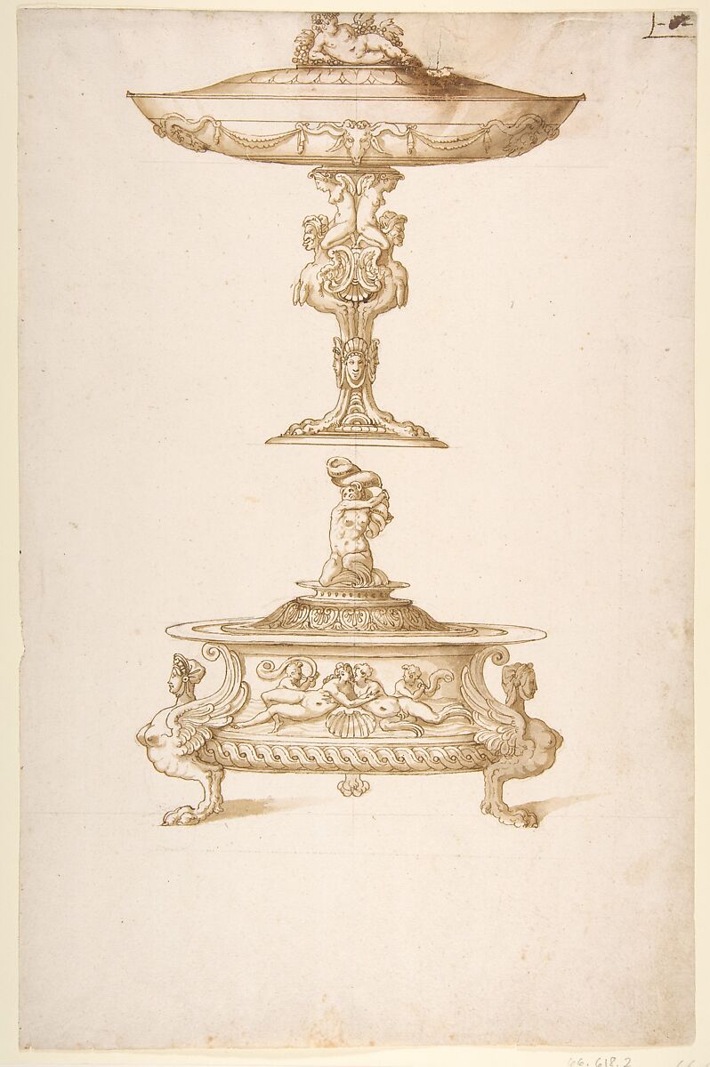 Design for a Salt Cellar and Tazza, Attributed to workshop of Ottavio Strada (Italian (naturalized), Nuremberg (?) 1550–1606 Prague), Pen and brown ink, brush and brown wash, over black chalk 