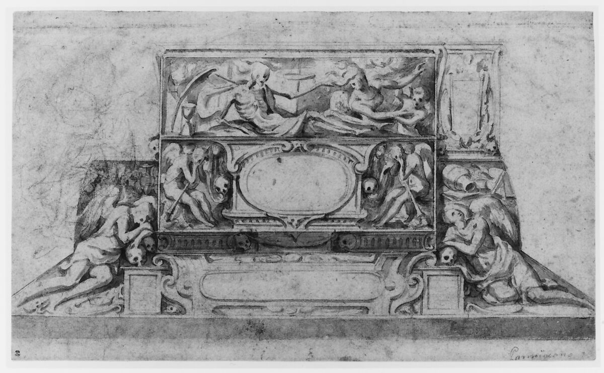 Design for a Funerary Monument, Francesco Salviati (Francesco de' Rossi) (Italian, Florence 1510–1563 Rome), Brush and brown wash, over black chalk