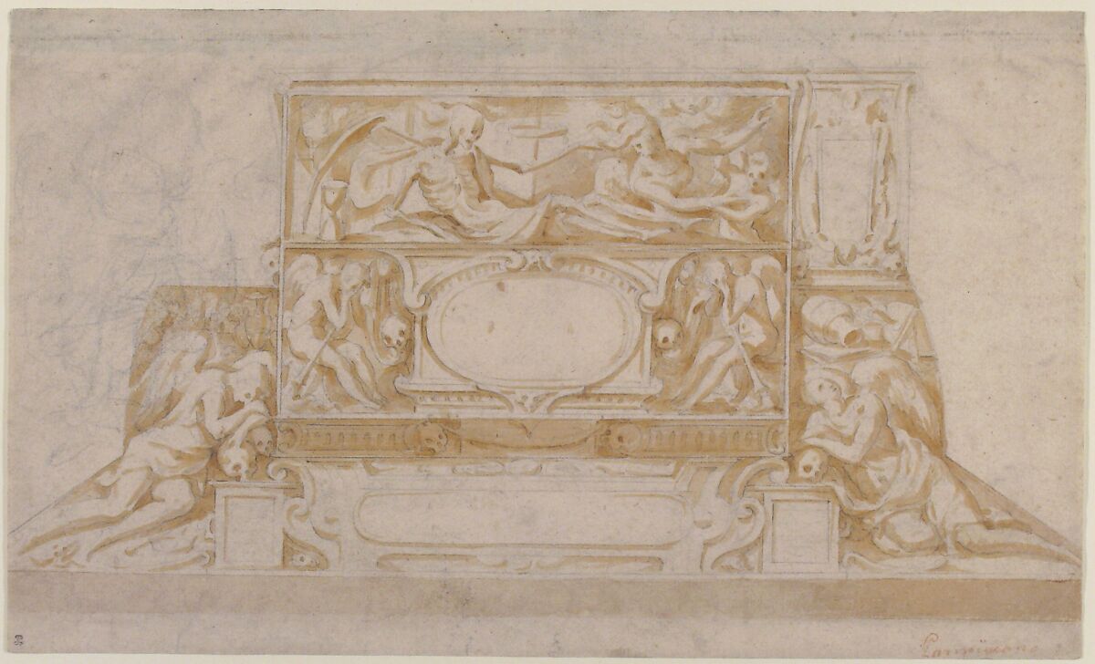 Design for a Funerary Monument, Francesco Salviati (Francesco de' Rossi) (Italian, Florence 1510–1563 Rome), Brush and brown wash, over black chalk