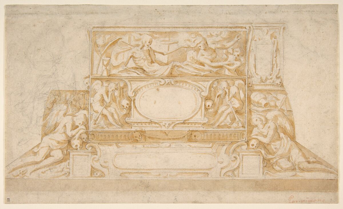 Design for a Funerary Monument, Francesco Salviati (Francesco de&#39; Rossi) (Italian, Florence 1510–1563 Rome), Brush and brown wash, over black chalk 