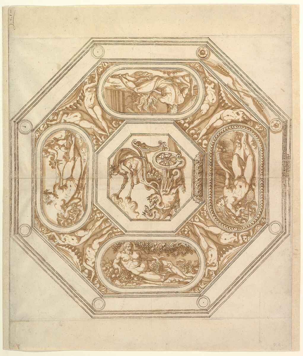 Design for an Octagonal Ceiling (or Dish?), Attributed to workshop of Ottavio Strada (Italian (naturalized), Nuremberg (?) 1550–1606 Prague), Pen and brown ink, brush and brown wash, over black chalk 