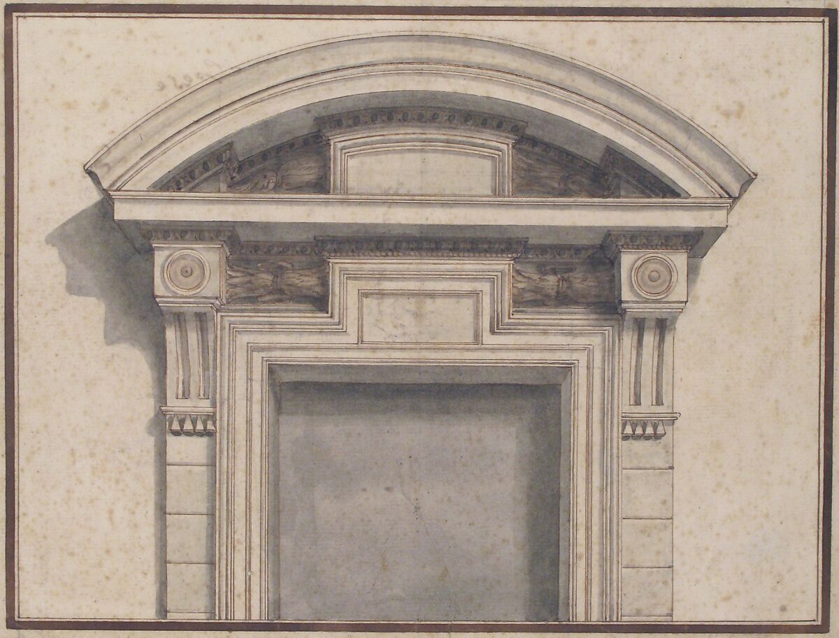 Drawing for a Door Frame, Lorenzo Sarti (Italian, Bologna, 18th century), Pen and gray-green wash