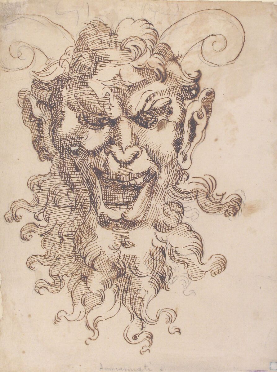 Satyr's Head, Attributed to Adamo (Ghisi) Scultori (Italian, Mantua ca. 1530–1587 Rome), Pen and brown ink over traces of chalk