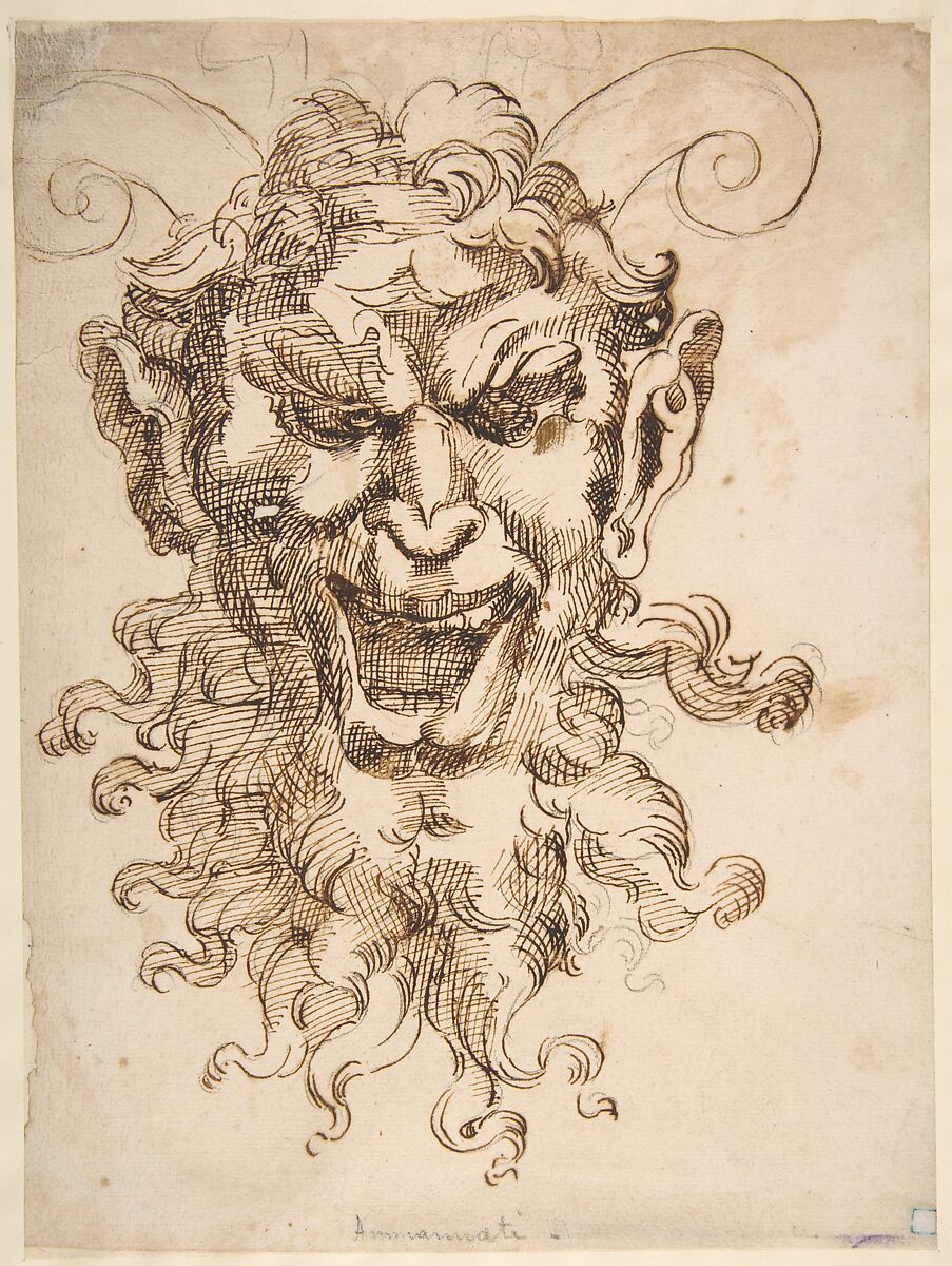 Satyr's Head, Attributed to Adamo (Ghisi) Scultori (Italian, Mantua ca. 1530–1587 Rome), Pen and brown ink over traces of chalk 