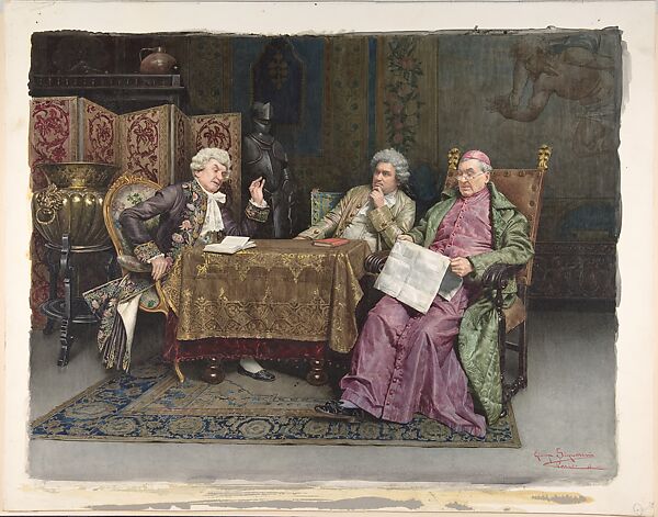 Priest and Two Men Seated at a Table, Giuseppe Signorini (Italian, Rome 1857–1932 (active Paris)), Watercolor 